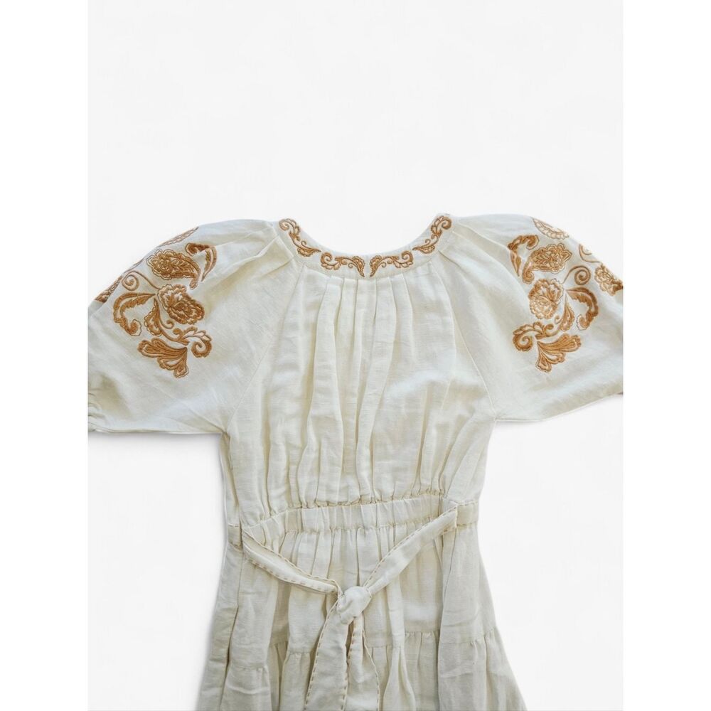 Cartolina Lizette Linen Blend Embroidered Belted Puff Sleeve Ivory Midi Dress M - Picture 8 of 16